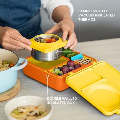 OmieBox - Yellow Sunshine - Bento Box for Kids Insulated Bento Lunch Box with Leak Proof Thermos Food Jar