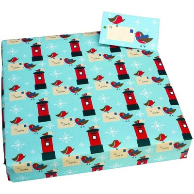 Christmas Postbox Robins by Vicky Scott - Wrapping Paper with Gift Tag