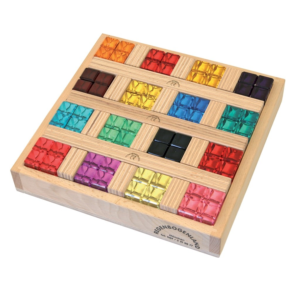 Translucent Rainbow Building Blocks - Set of 64 with Wooden Slats in Box by Regenbogenland