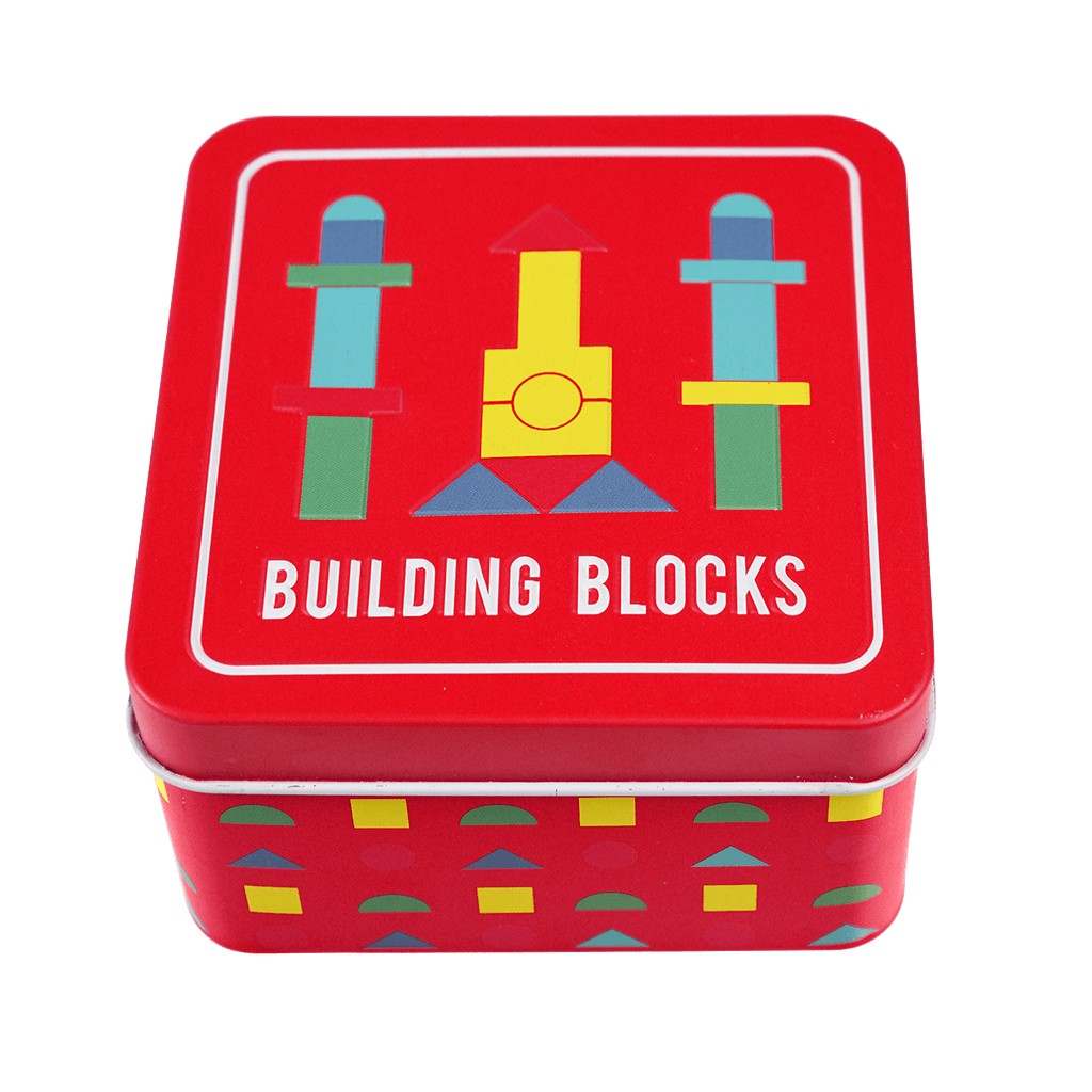 Wooden Building Blocks in a Tin