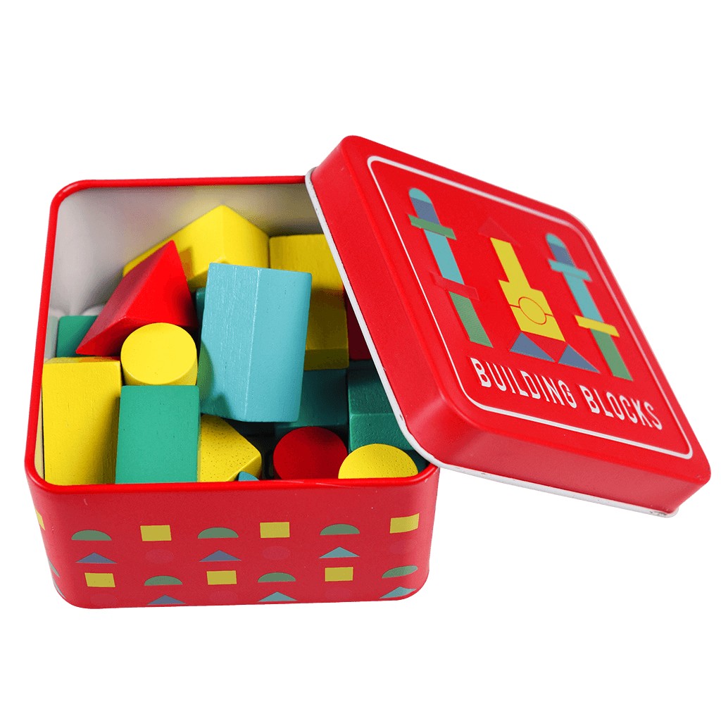 Wooden Building Blocks in a Tin