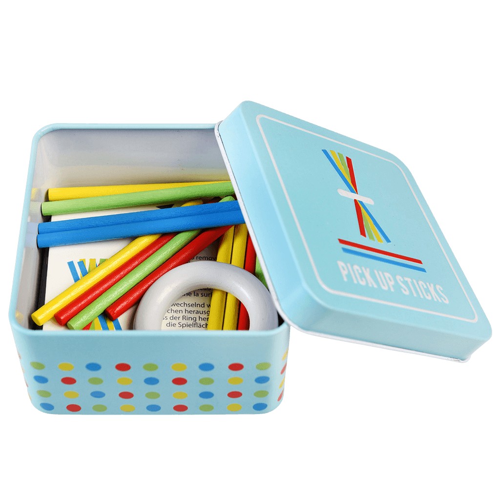 Wooden Pick Up Sticks in a Tin