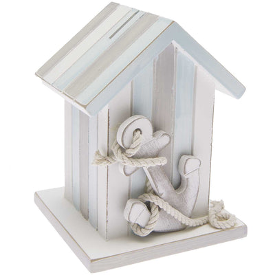 Wooden Decorative Beach House Money Box - 15cm - Blue & White