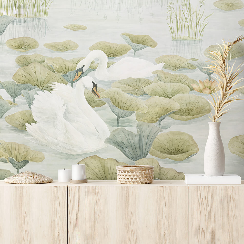 Classic Swan Lake Mural Wallpaper - Green