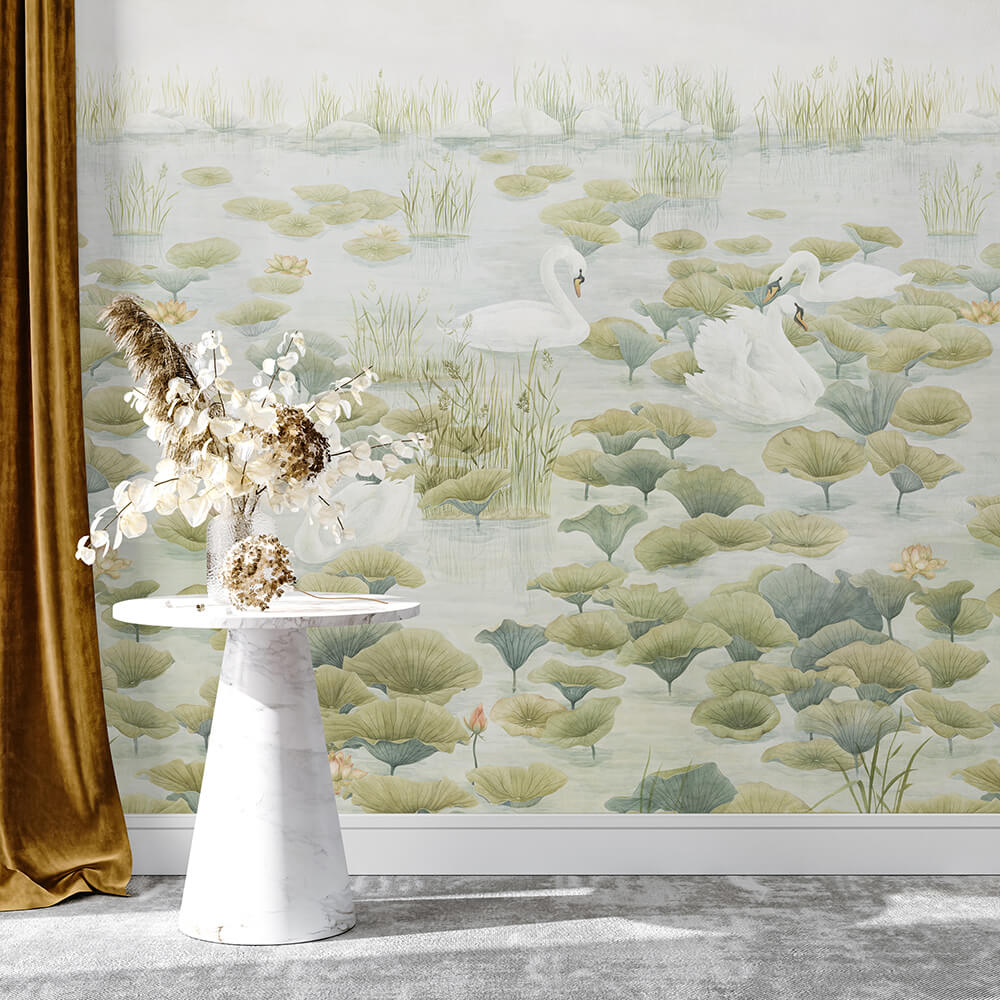 Classic Swan Lake Mural Wallpaper - Green