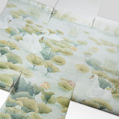 Classic Swan Lake Mural Wallpaper - Green