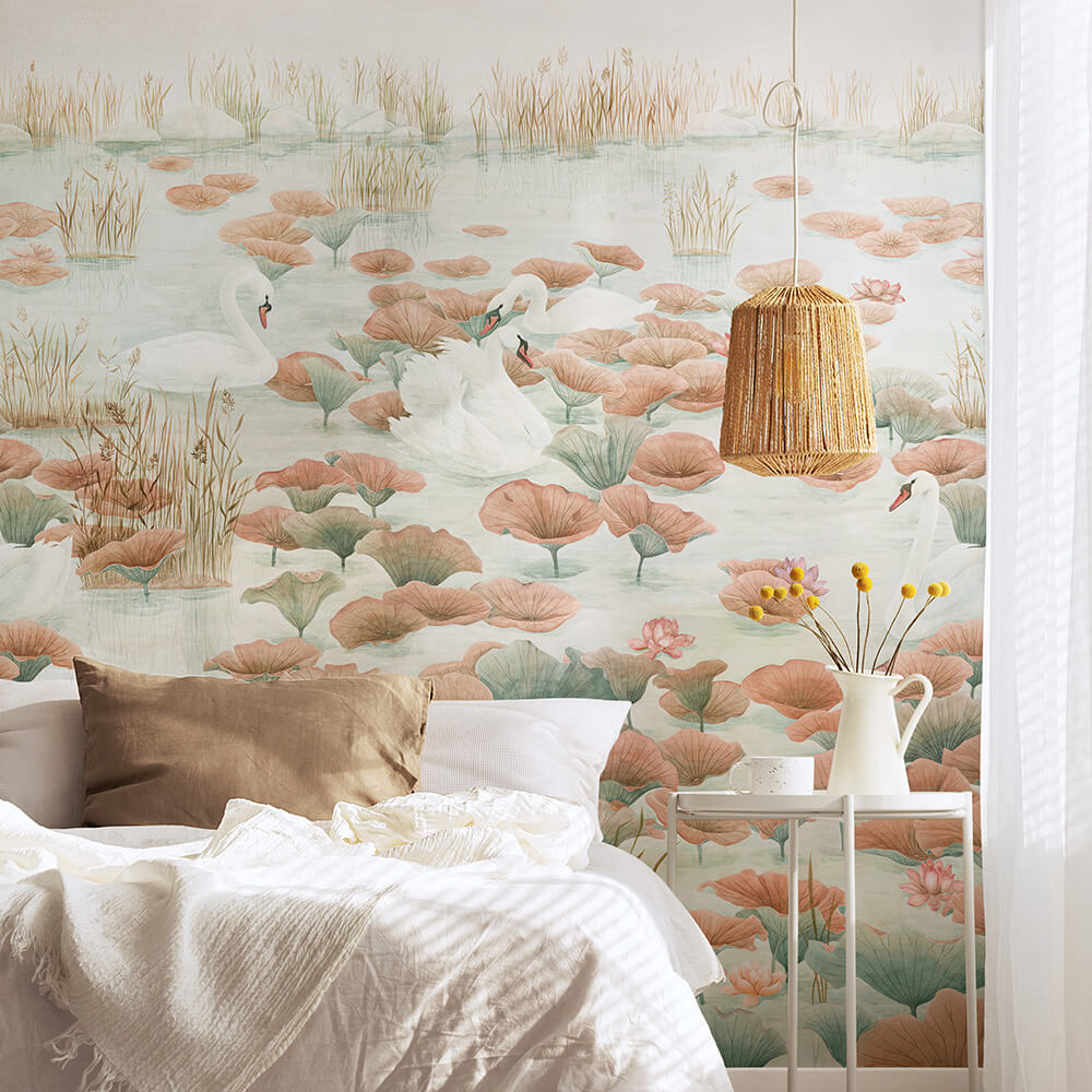 Classic Swan Lake Mural Wallpaper - Terracotta