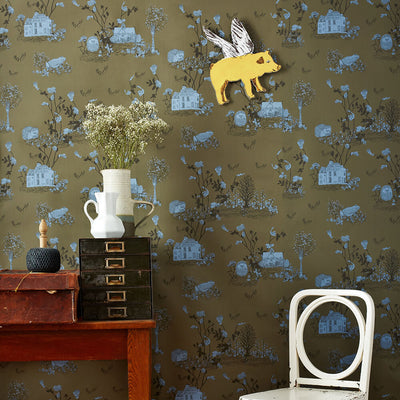 Classic Woodlands Wallpaper - Khaki Blue