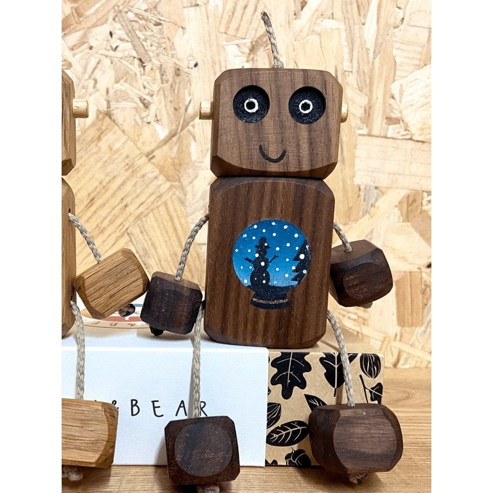 Walnut Snow Globe Ned Rudi Bear Wooden Robots