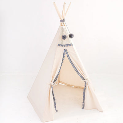 Minicamp Kids Teepee In Off-White With Grey Pompoms-minicamp-Yes Bebe
